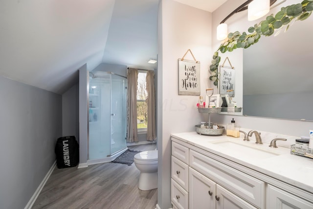 bathroom with vanity, vaulted ceiling, hardwood / wood-style flooring, toilet, and a shower with shower door