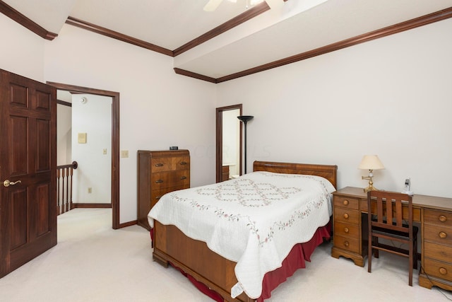 bedroom with ceiling fan, crown molding, and light colored carpet