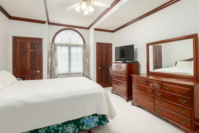 bedroom with ceiling fan, crown molding, and light carpet