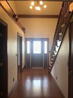 entrance foyer featuring ornamental molding and dark hardwood / wood-style floors