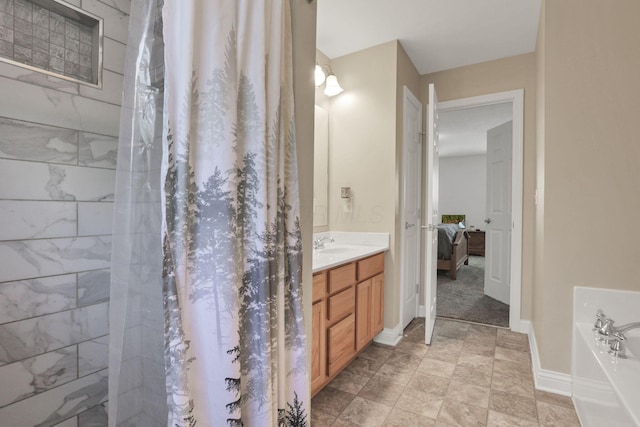 bathroom featuring vanity and a shower with curtain