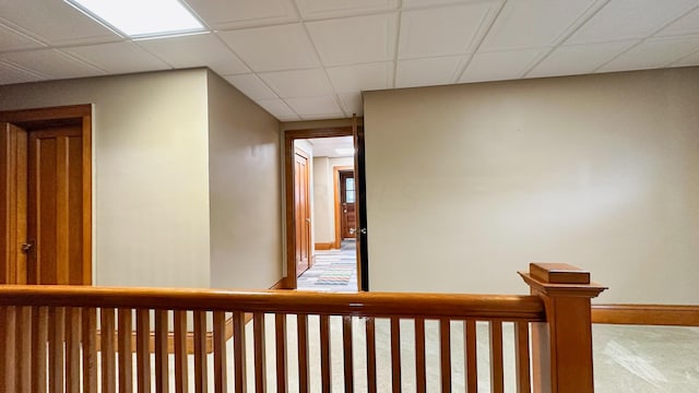 hall with a paneled ceiling and carpet floors