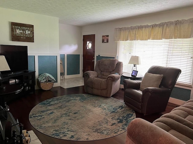 living room featuring hardwood / wood-style floors and a textured ceiling