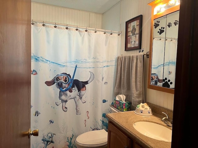 bathroom featuring vanity, a textured ceiling, and toilet