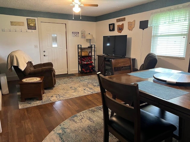 dining space with hardwood / wood-style floors, a textured ceiling, and ceiling fan