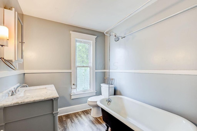 bathroom with hardwood / wood-style floors, vanity, toilet, and a tub to relax in