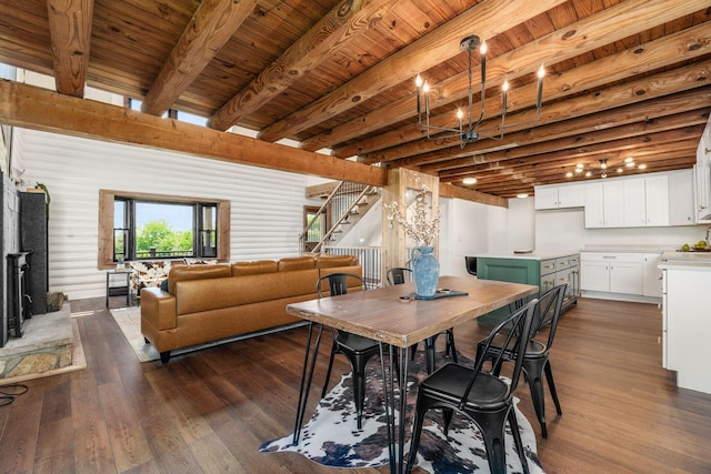 dining area with beam ceiling, dark hardwood / wood-style floors, a notable chandelier, and wood ceiling