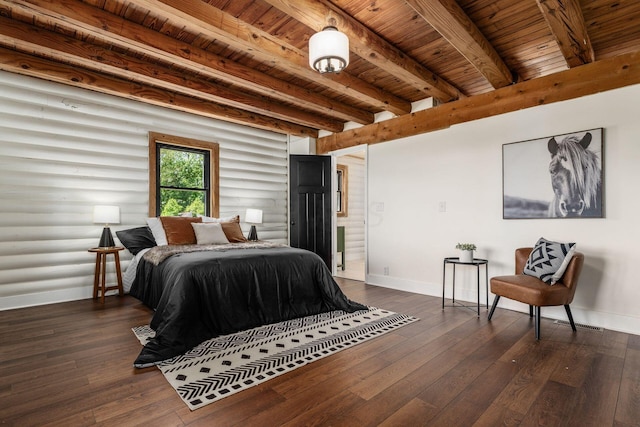 bedroom featuring beam ceiling, wooden ceiling, dark wood-type flooring, and connected bathroom