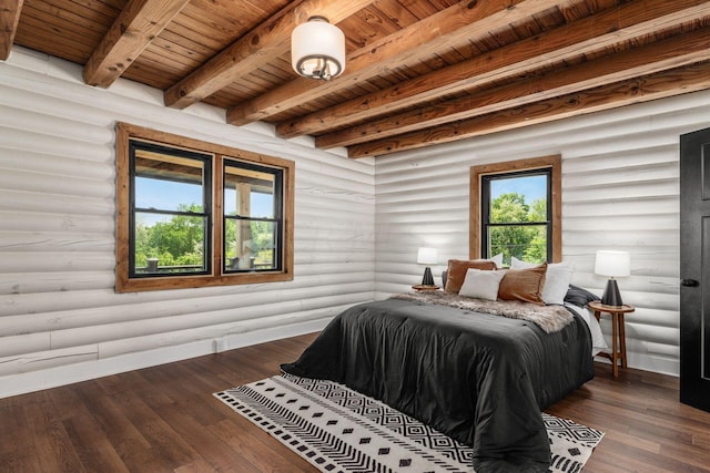 bedroom featuring beamed ceiling, wood ceiling, dark wood-type flooring, and log walls