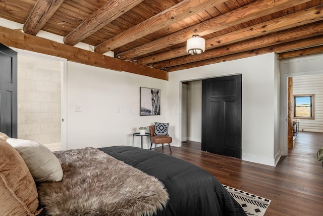 bedroom featuring beamed ceiling, dark hardwood / wood-style floors, and wood ceiling