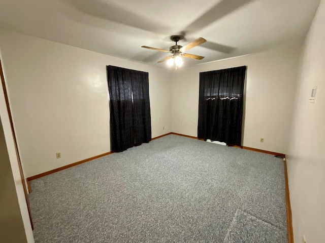 unfurnished bedroom with ceiling fan and carpet floors