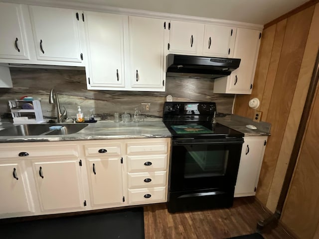 kitchen featuring white cabinets, sink, black range with electric cooktop, and tasteful backsplash