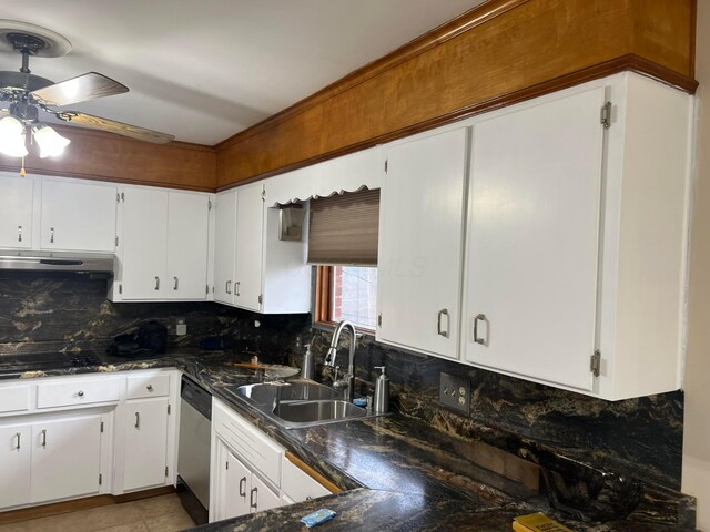 kitchen featuring white cabinetry, sink, ceiling fan, tasteful backsplash, and stainless steel dishwasher