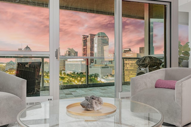 view of balcony at dusk