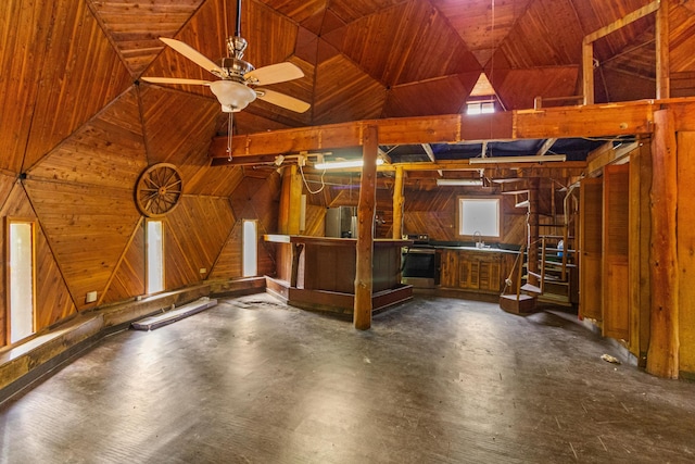 garage with ceiling fan, wood ceiling, sink, and wooden walls