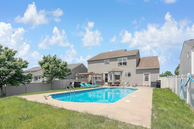 view of swimming pool with a pergola, central air condition unit, a patio, and a lawn