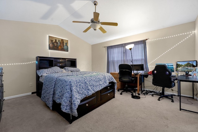 carpeted bedroom with ceiling fan and lofted ceiling