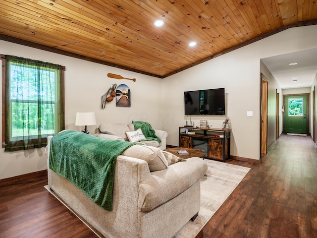 bedroom with dark hardwood / wood-style floors, lofted ceiling, crown molding, and wooden ceiling