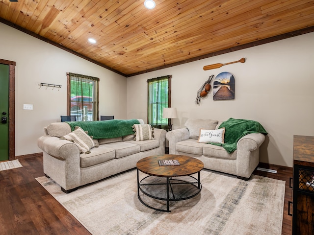 living room featuring hardwood / wood-style floors, crown molding, lofted ceiling, and wood ceiling