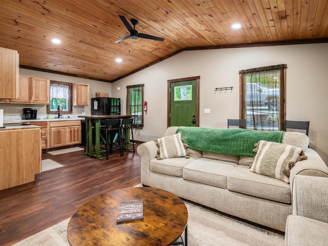 living room with ceiling fan, wooden ceiling, dark wood-type flooring, and vaulted ceiling