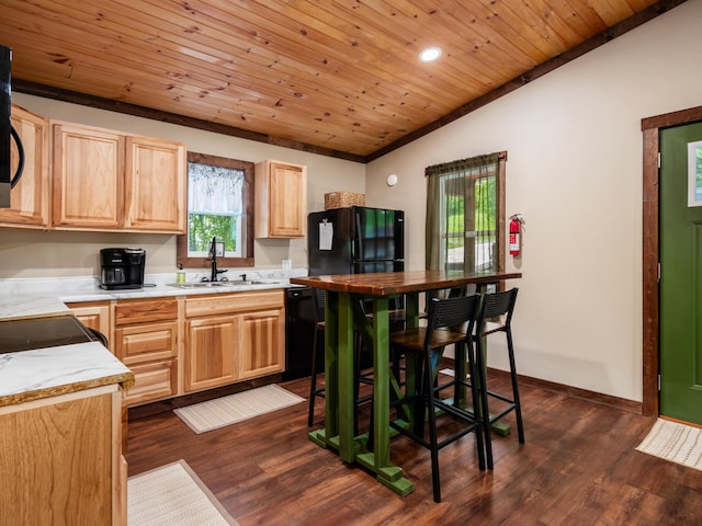 kitchen with sink, wooden ceiling, dark hardwood / wood-style floors, vaulted ceiling, and black appliances