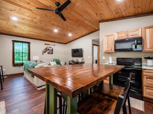 dining space with ceiling fan, dark hardwood / wood-style flooring, vaulted ceiling, wood ceiling, and ornamental molding