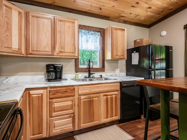 kitchen with dark hardwood / wood-style flooring, ornamental molding, sink, black appliances, and wooden ceiling