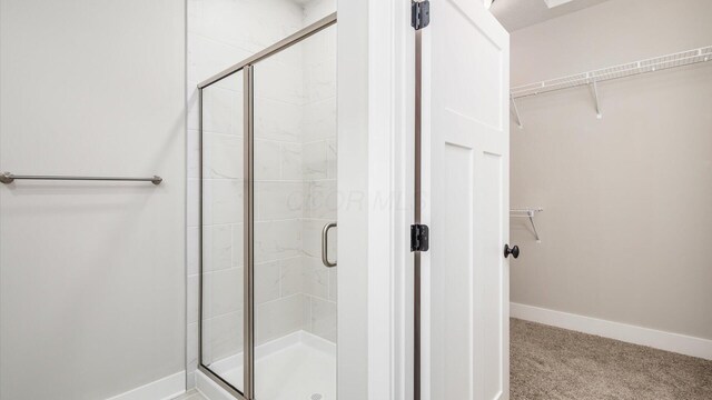 bathroom with a shower with shower door