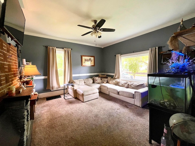 living room featuring carpet floors, crown molding, and ceiling fan