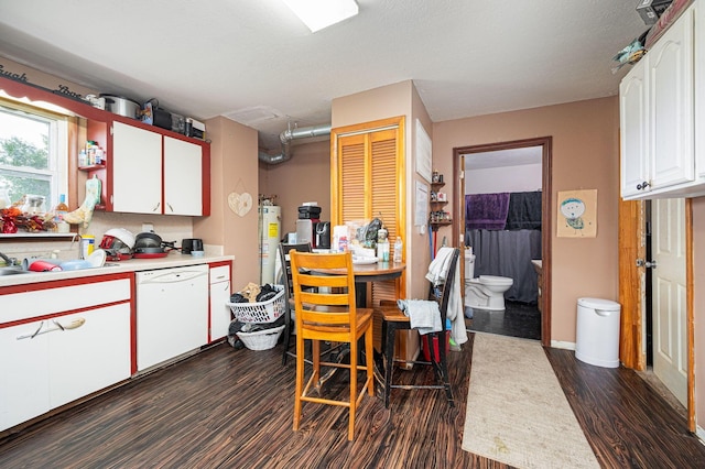 kitchen with white cabinetry, sink, dark wood-type flooring, water heater, and white dishwasher