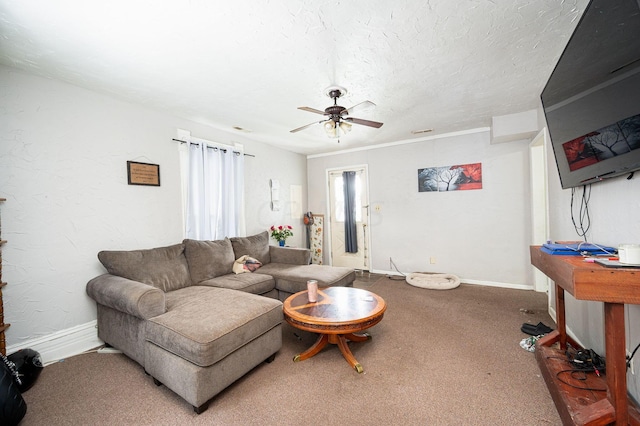 living room featuring carpet flooring and ceiling fan