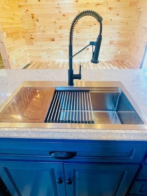 room details featuring blue cabinetry and sink