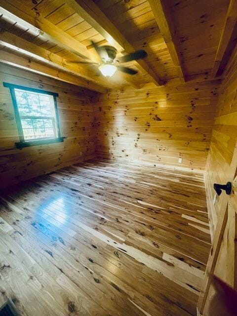 spare room featuring beam ceiling, hardwood / wood-style flooring, wooden ceiling, and wood walls