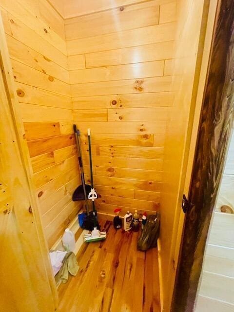 bathroom featuring wooden walls and hardwood / wood-style flooring