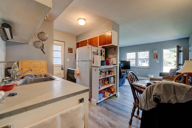 kitchen featuring sink, white refrigerator, and light wood-type flooring