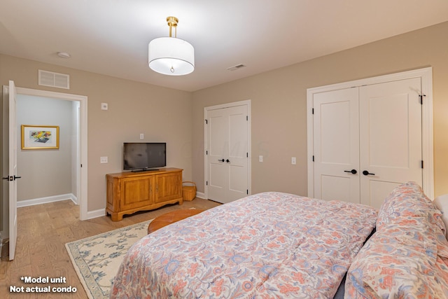 bedroom featuring light wood-type flooring and a closet