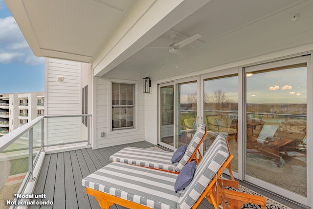 balcony featuring ceiling fan