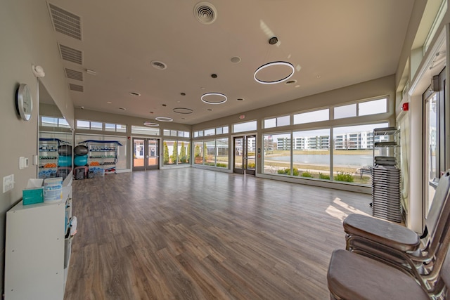 interior space with a water view