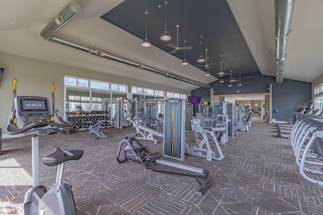 exercise room with carpet floors and vaulted ceiling