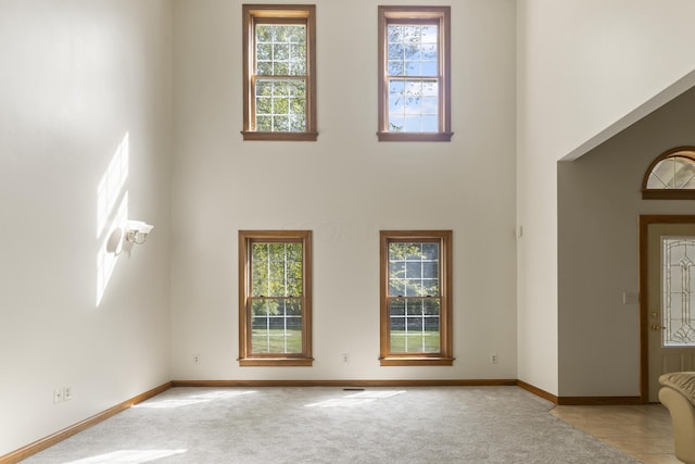 carpeted foyer entrance featuring a towering ceiling and a wealth of natural light