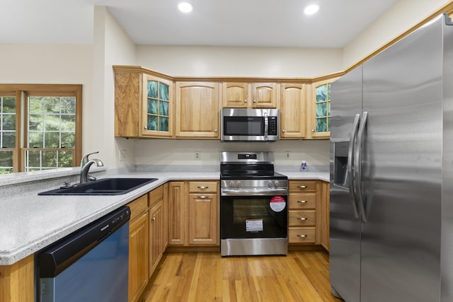 kitchen with sink, stainless steel appliances, and light hardwood / wood-style flooring