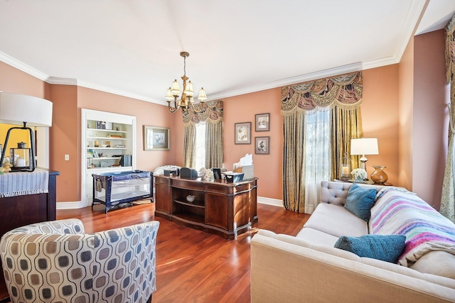 living room with crown molding, dark hardwood / wood-style flooring, built in features, and an inviting chandelier