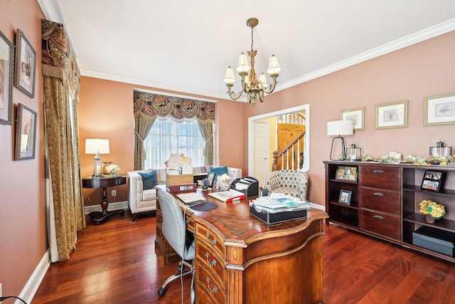 office featuring dark hardwood / wood-style flooring, an inviting chandelier, and ornamental molding