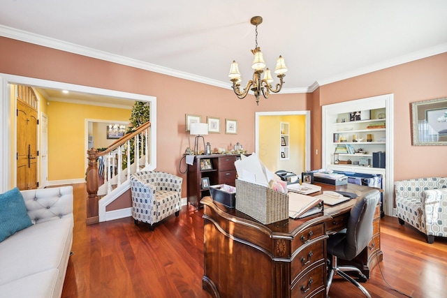 office space with dark hardwood / wood-style flooring, ornamental molding, and a notable chandelier