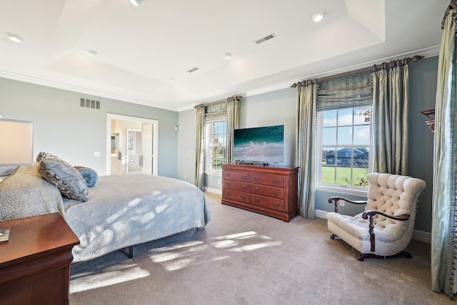 carpeted bedroom with a raised ceiling, ensuite bath, and crown molding