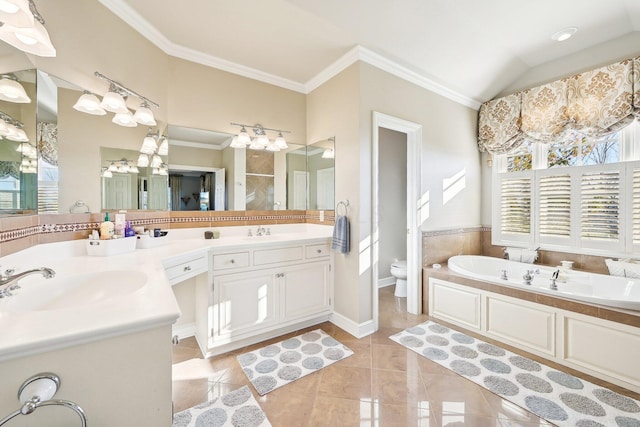 bathroom featuring tile patterned floors, vanity, toilet, and ornamental molding