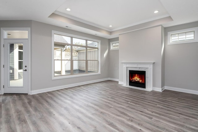 unfurnished living room featuring a tray ceiling, light hardwood / wood-style flooring, and a healthy amount of sunlight