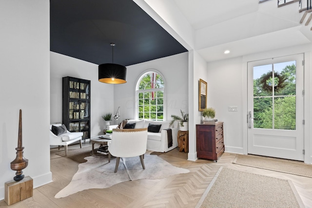 dining area with light parquet floors