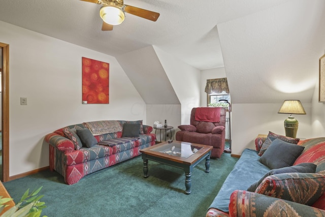 living room with carpet flooring, ceiling fan, a textured ceiling, and vaulted ceiling