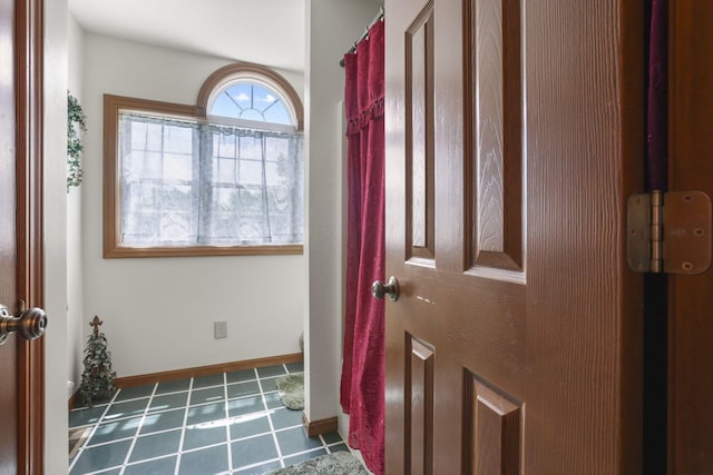 foyer with dark tile patterned flooring